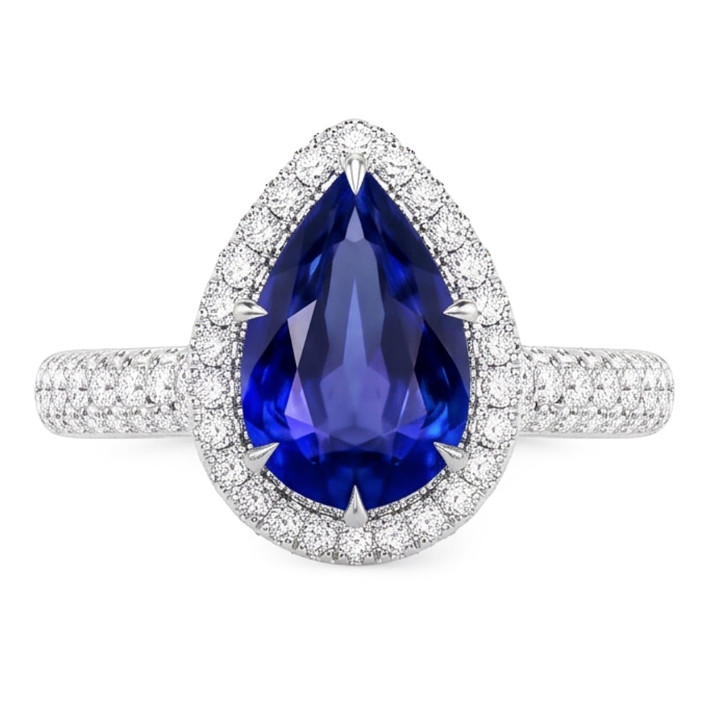 Engagement Halo Ring Pear Blue Sapphire & Natural Earth Mined Diamonds 5.50 Carats