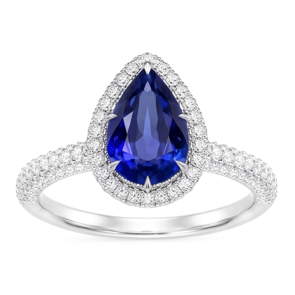 Engagement Halo Ring Pear Blue Sapphire & Natural Earth Mined Diamonds 5.50 Carats