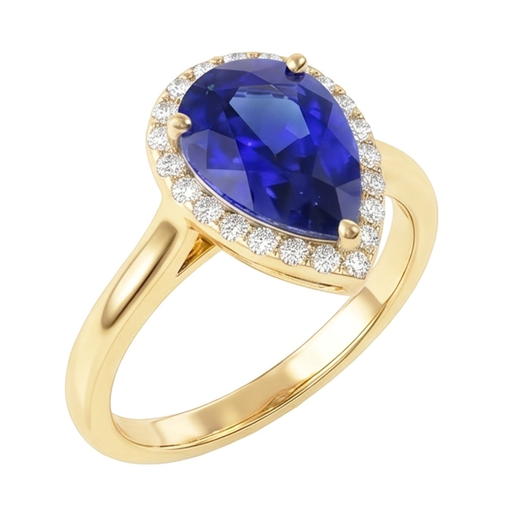 Engagement Halo Ring Pear Cut Blue Sapphire & Natural Earth Mined DIAMOND ( NOT LAB GROWN )s 4 Carats