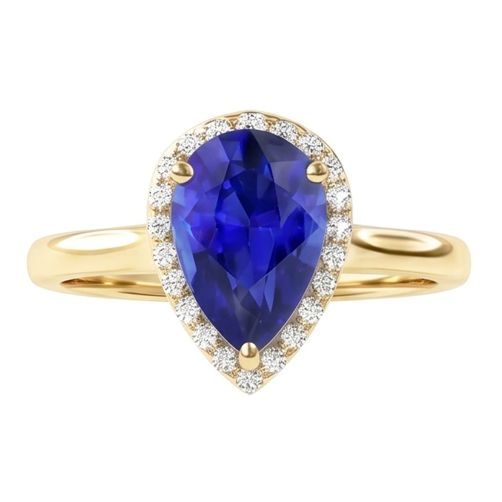 Engagement Halo Ring Pear Cut Blue Sapphire & Natural Earth Mined DIAMOND ( NOT LAB GROWN )s 4 Carats