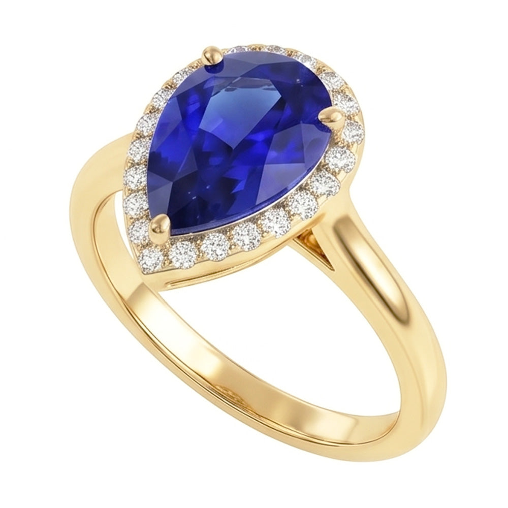 Engagement Halo Ring Pear Cut Blue Sapphire & Natural Earth Mined DIAMOND ( NOT LAB GROWN )s 4 Carats