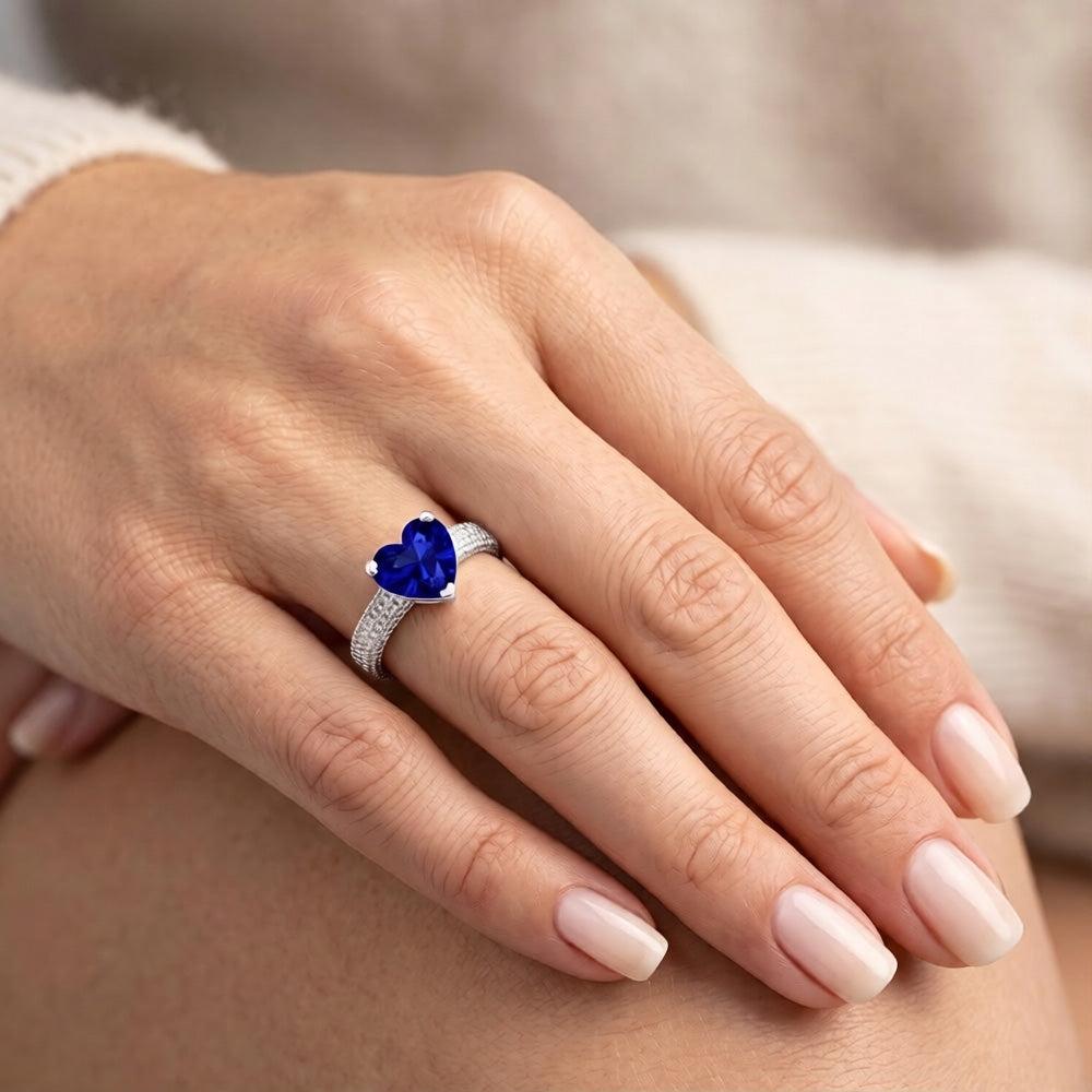 Engagement Natural Earth Mined Diamond Ring Heart Blue Sapphire Antique Style 1.75 Carats