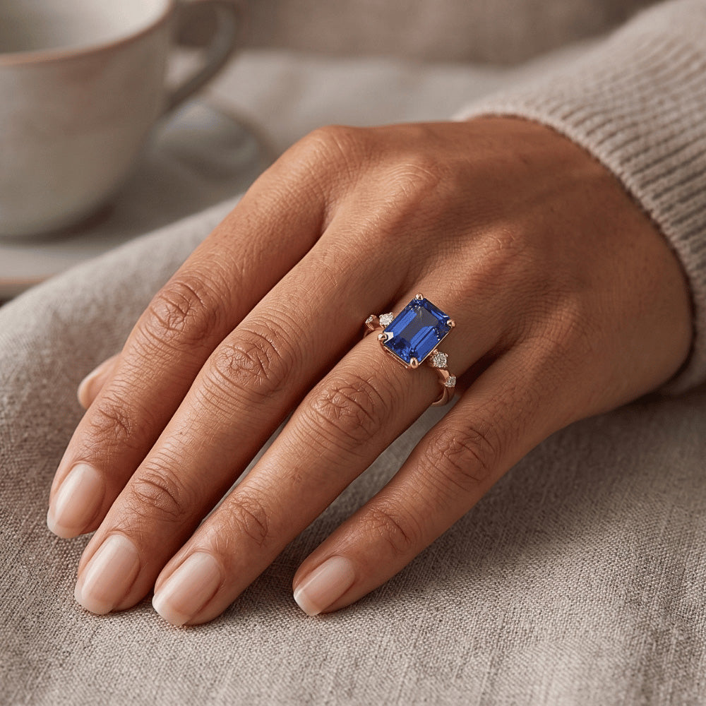 Engagement Ring 5 Stones Emerald Blue Sapphire & Natural Earth Mined Diamond 3.50 Carats