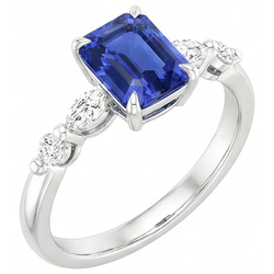Engagement Ring 5 Stones Radiant Ceylon Sapphire & Natural Earth Mined Diamond 4 Carats