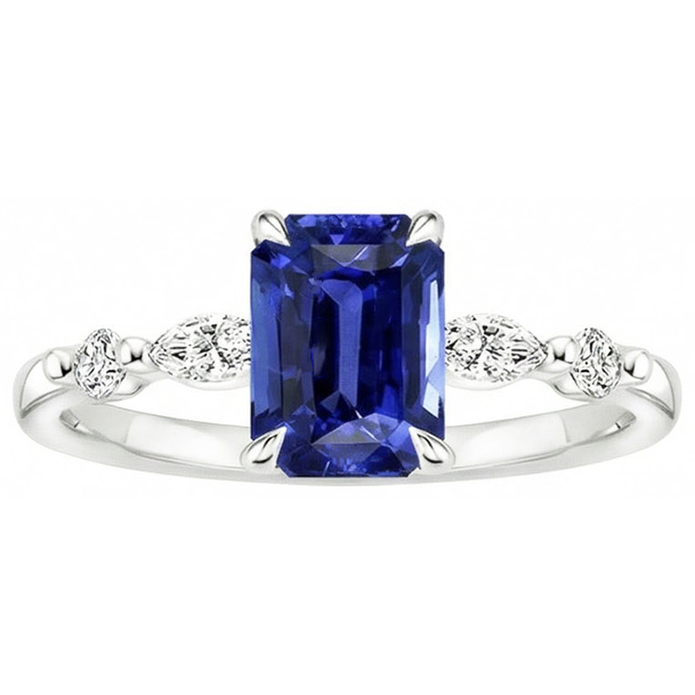 Engagement Ring 5 Stones Radiant Ceylon Sapphire & Natural Earth Mined Diamond 4 Carats