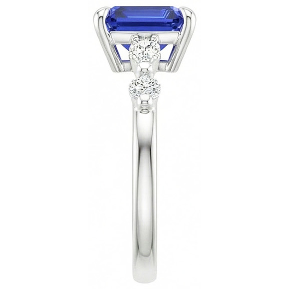 Engagement Ring 5 Stones Radiant Ceylon Sapphire & Natural Earth Mined Diamond 4 Carats