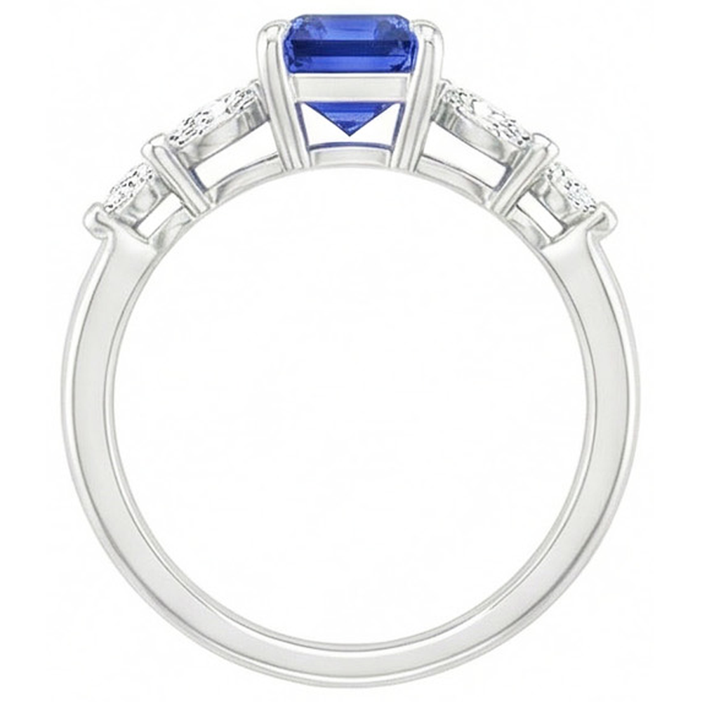 Engagement Ring 5 Stones Radiant Ceylon Sapphire & Natural Earth Mined Diamond 4 Carats