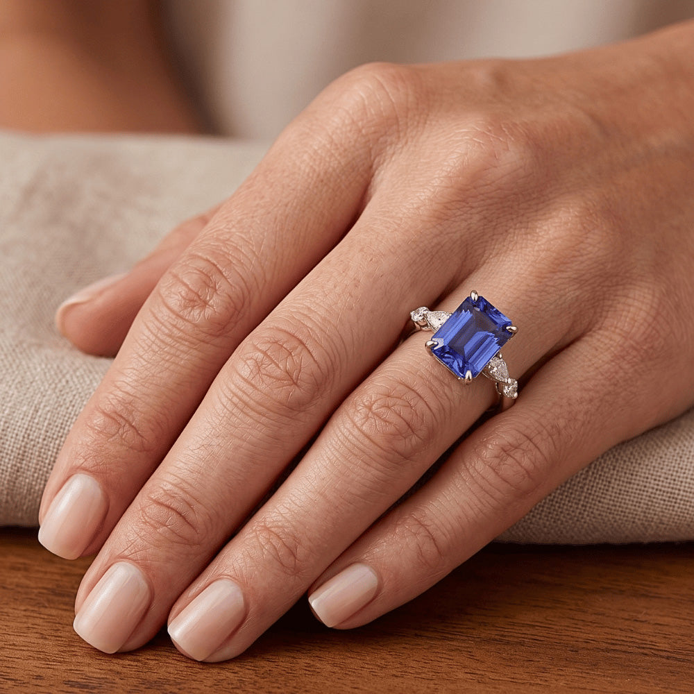 Engagement Ring 5 Stones Radiant Ceylon Sapphire & Natural Earth Mined Diamond 4 Carats