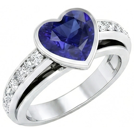 Engagement Ring Bezel Set Deep Blue Sapphire 3.50 Carats Pave Natural Earth Mined Diamonds