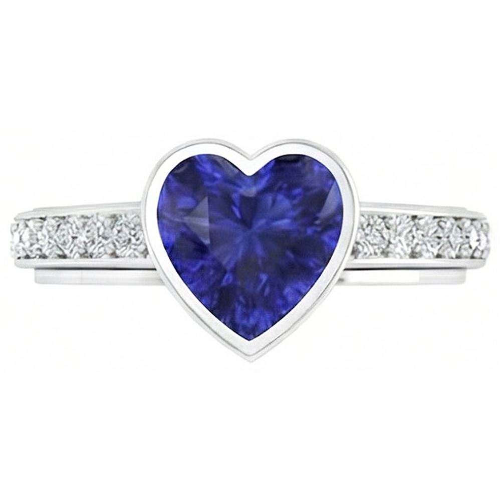 Engagement Ring Bezel Set Deep Blue Sapphire 3.50 Carats Pave Natural Earth Mined Diamonds