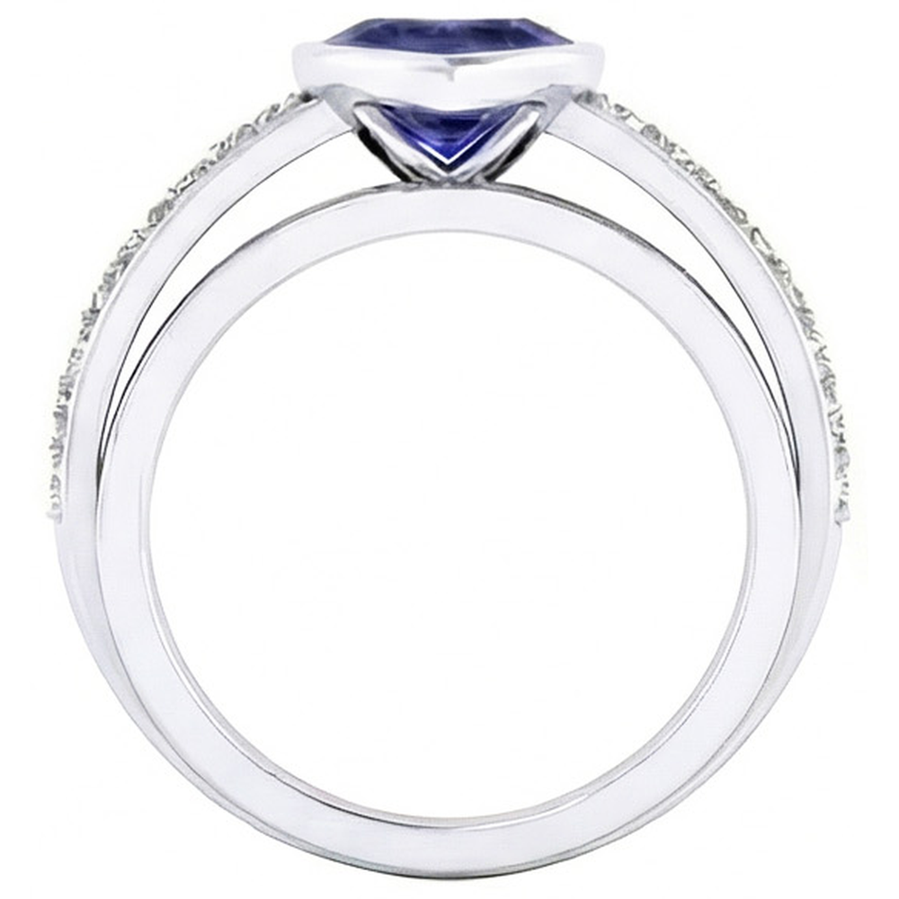 Engagement Ring Bezel Set Deep Blue Sapphire 3.50 Carats Pave Natural Earth Mined Diamonds