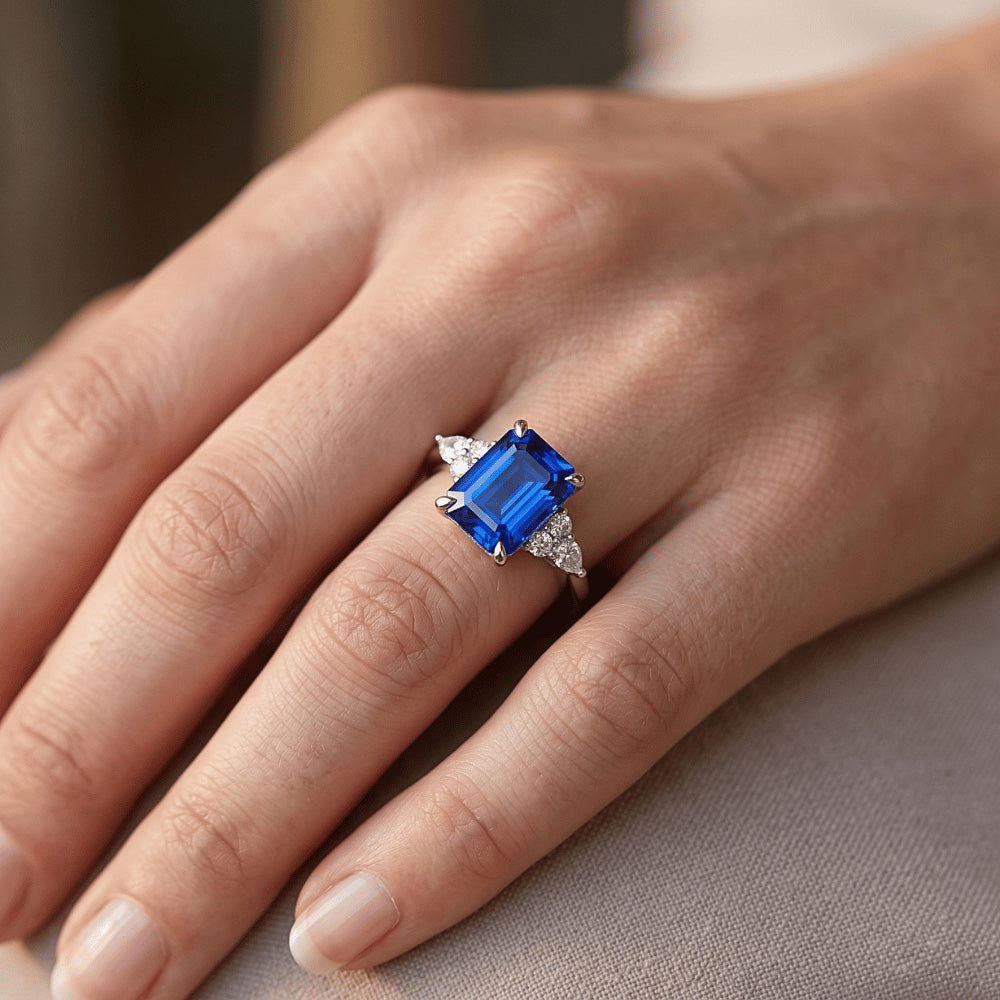 Engagement Ring Floral Style Emerald Blue Sapphire & Natural Earth Mined Diamond 4 Carats