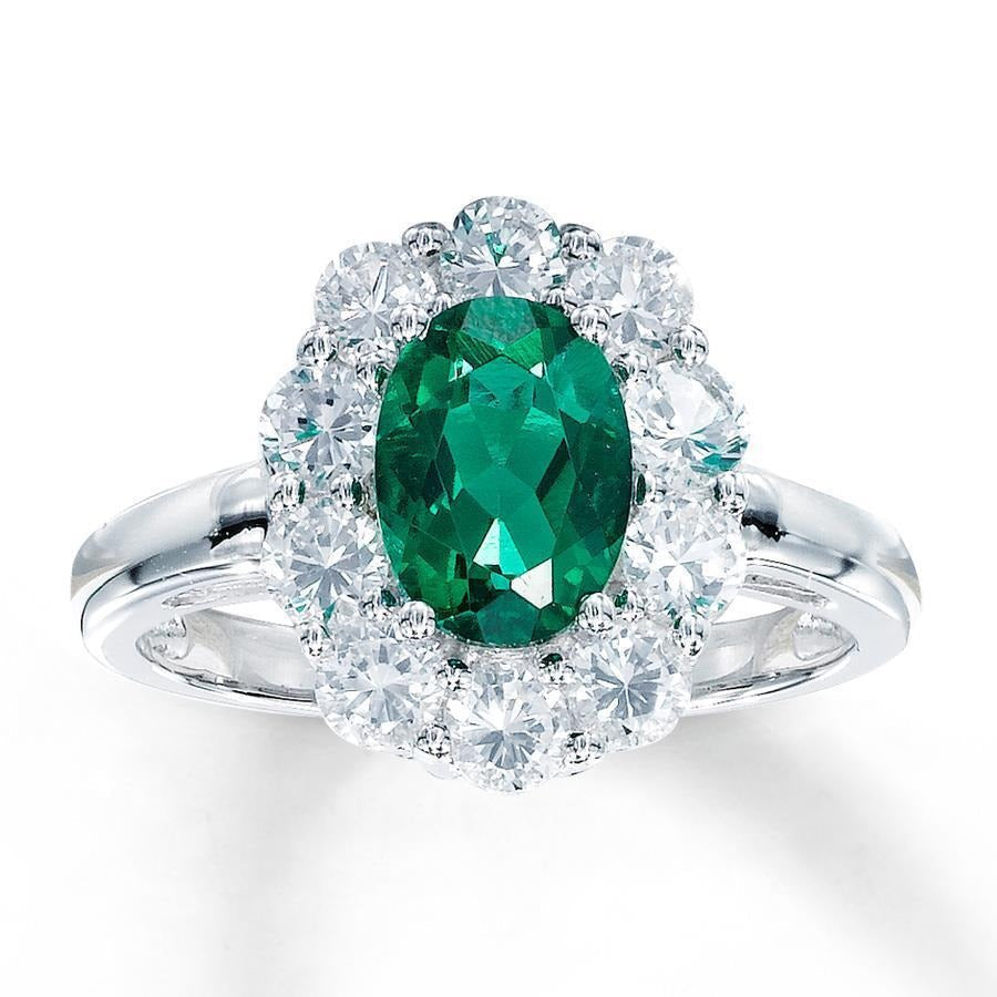 Engagement Ring Oval Cut Green Emerald With Diamond Gold White 14K 6.5 Carats