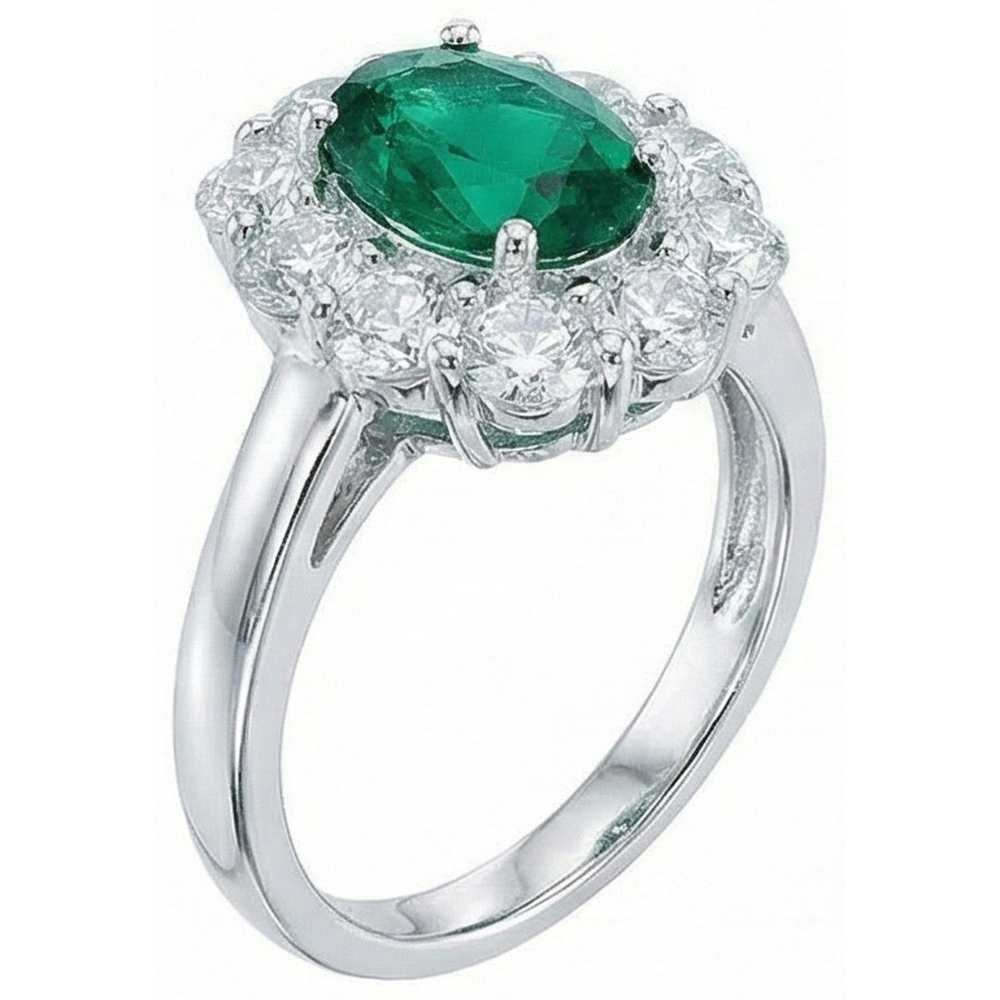 Engagement Ring Oval Cut Green Emerald With Natural Earth Mined DIAMOND ( NOT LAB GROWN ) Gold White 14K 6.5 Carats