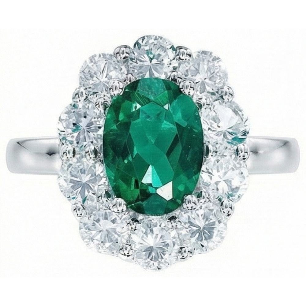 Engagement Ring Oval Cut Green Emerald With Natural Earth Mined DIAMOND ( NOT LAB GROWN ) Gold White 14K 6.5 Carats