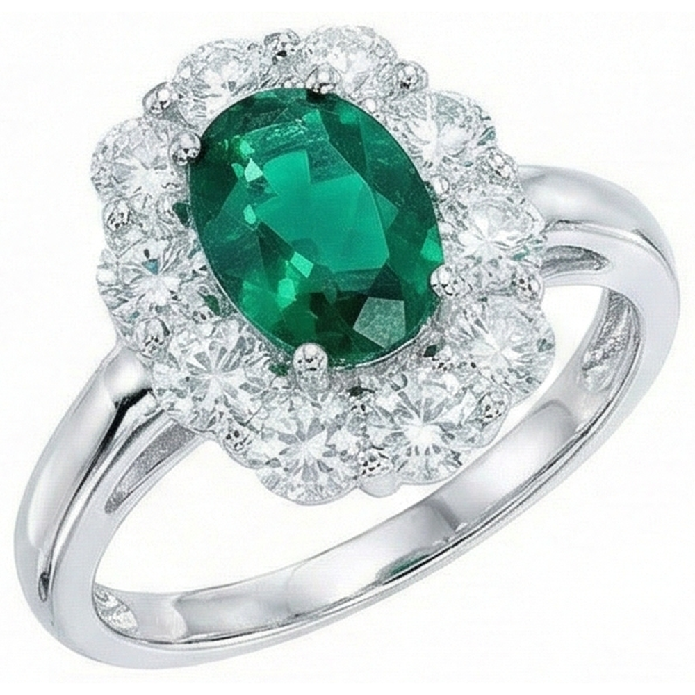 Engagement Ring Oval Cut Green Emerald With Natural Earth Mined DIAMOND ( NOT LAB GROWN ) Gold White 14K 6.5 Carats