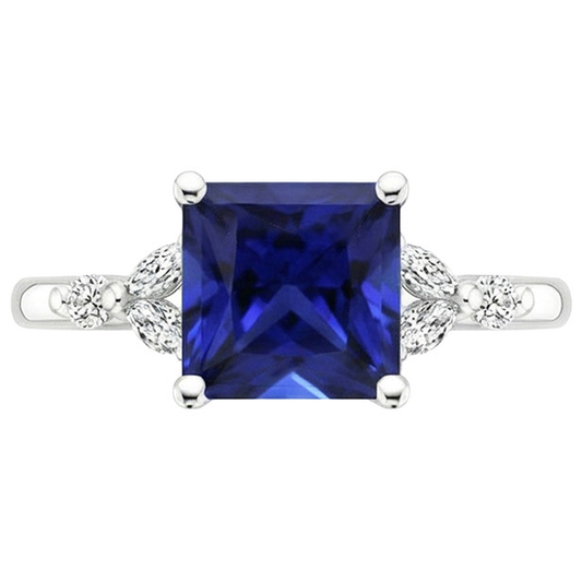 Engagement Ring Princess Cut Ceylon Sapphire and Natural Earth Mined Diamond 5.5 Carat