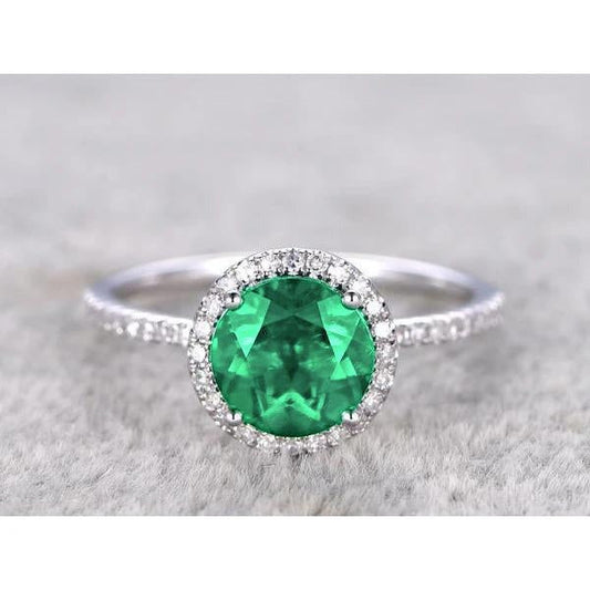 Engagement Ring Round Cut Green Emerald Diamond White Gold 14K 5 Ct