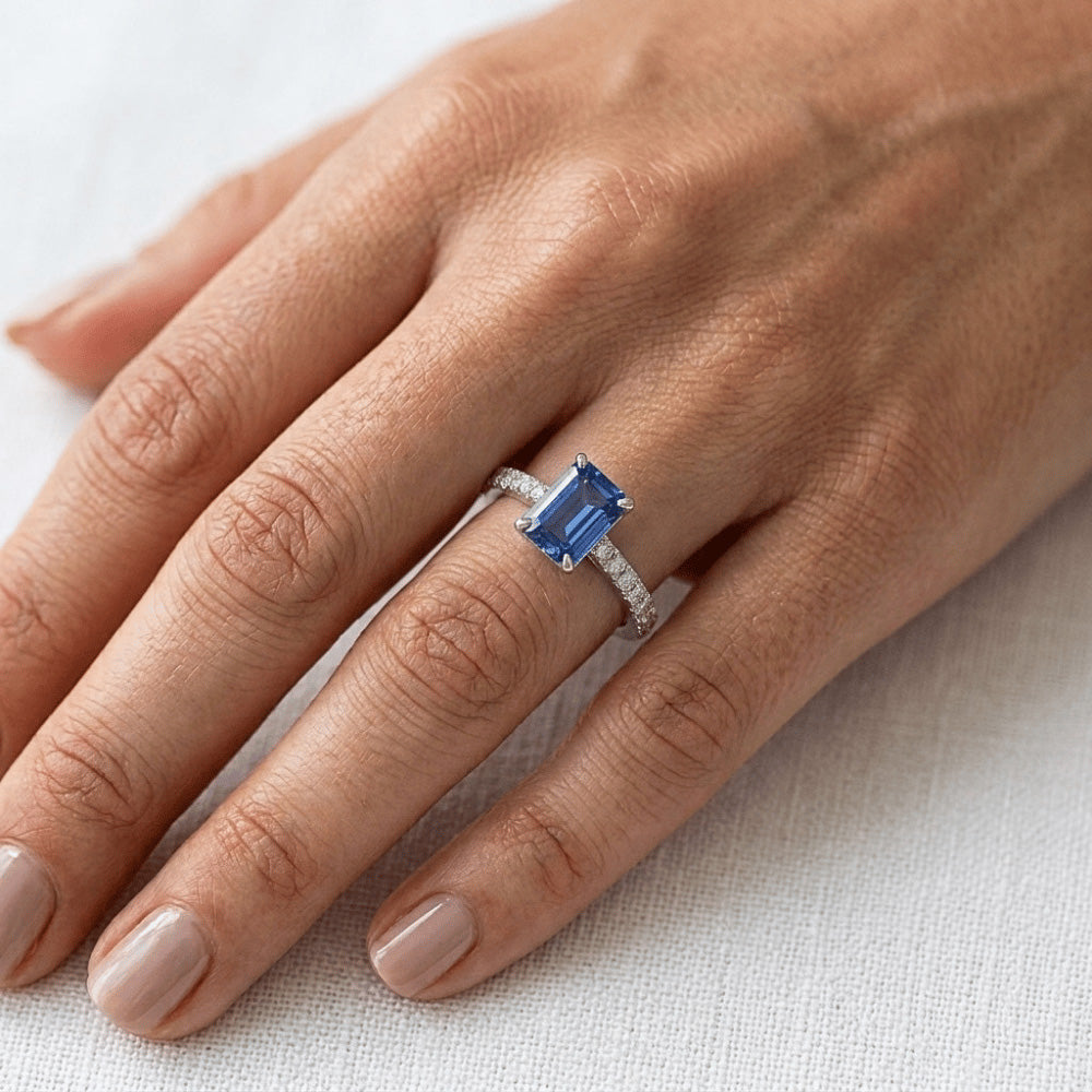 Engagement Ring Round Natural Earth Mined Diamond Sri Lankan Sapphire Emerald Cut 3 Carats