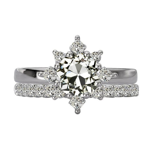 Engagement Ring Set Cushion & Real Round Old Cut Diamond Star Style 5 Carats