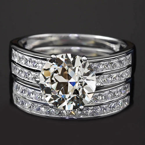 Engagement Ring Set Old Mine Cut & Princess Real Diamonds 5 Carats Gold 14K