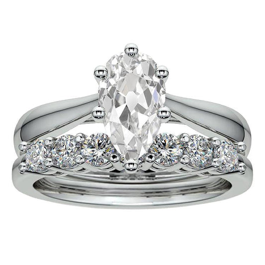 Engagement Ring Set Round & Pear Old Mine Cut Genuine Diamonds 4.50 Carats