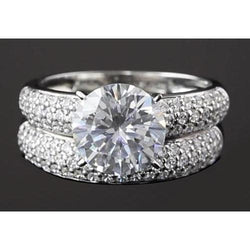 Engagement Ring Set Round Real Diamond Pave Setting 5 Carats