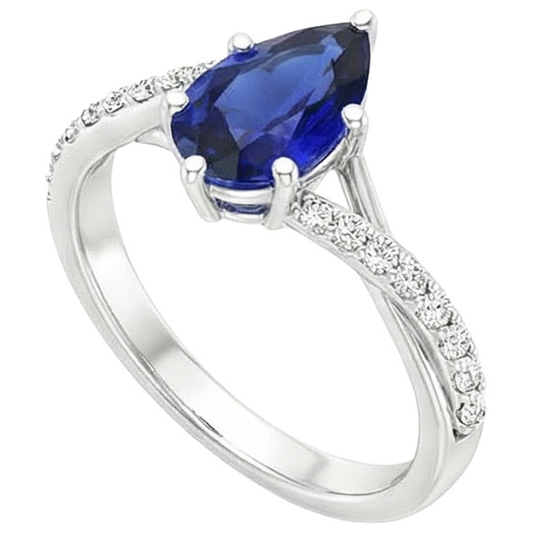 Engagement Ring Split Shank Pear Blue Sapphire & Natural Earth Mined Diamonds 3.25 Carats