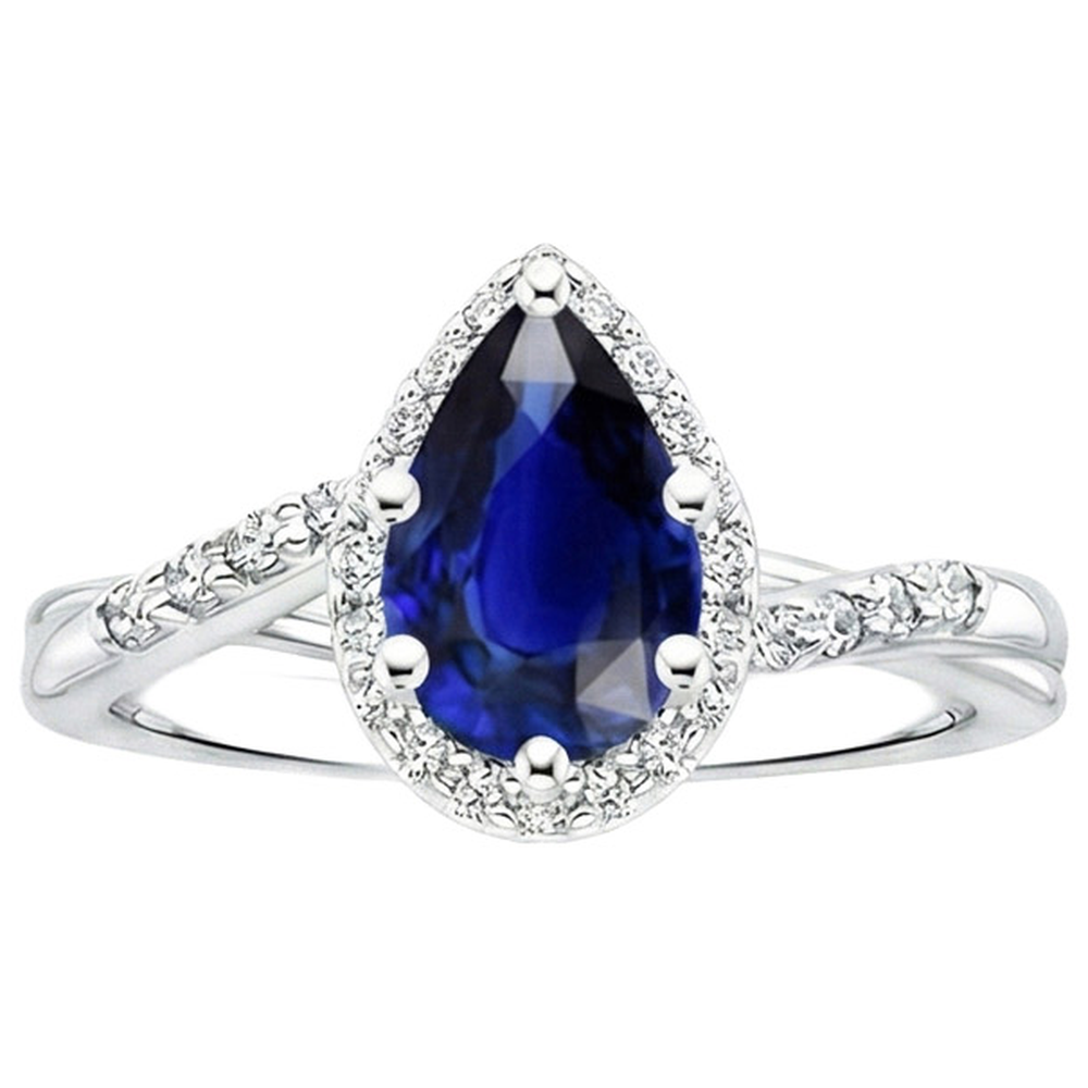 Engagement Ring Twist Style Pear Blue Sapphire & Natural Earth Mined Diamonds 5 Carats