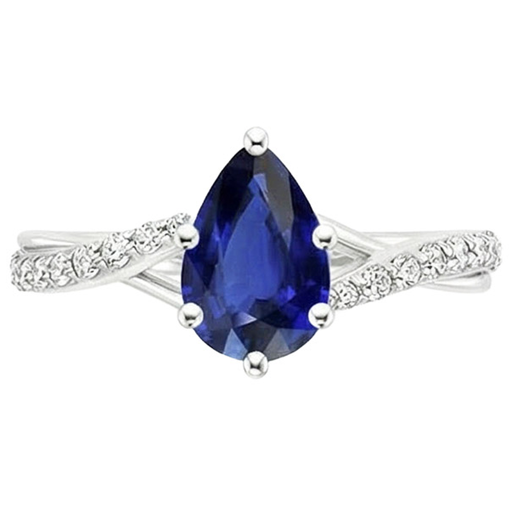 Engagement Ring Split Shank Pear Blue Sapphire & Natural Earth Mined Diamonds 3.25 Carats