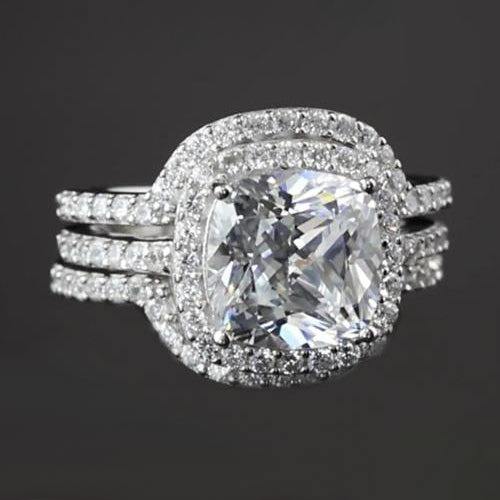 Engagement Anniversary Ring Set 5 Carats Natural Earth Mined Diamond Cushion Cut White Gold 14K