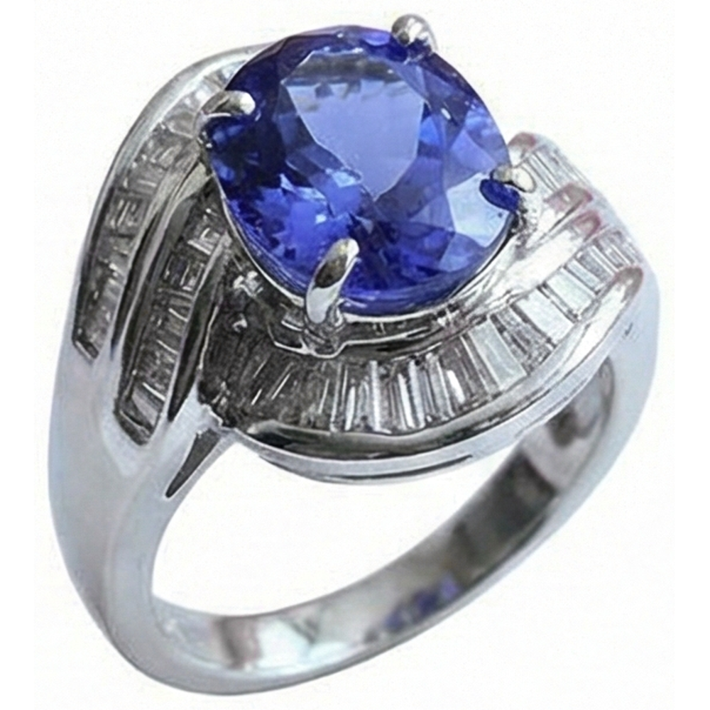 Fancy Women Ring Tanzanite Oval And Baguette Natural Earth Mined Diamonds New 5 Ct.