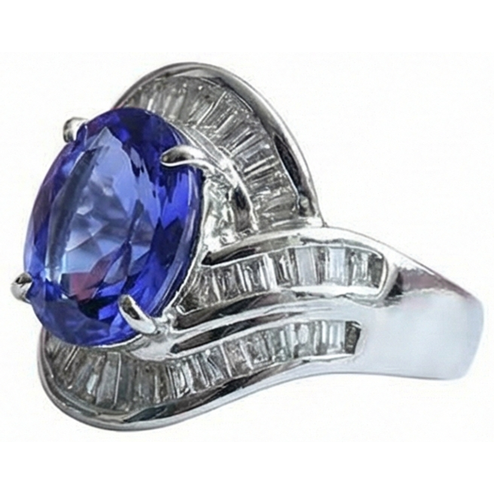 Fancy Women Ring Tanzanite Oval And Baguette Natural Earth Mined Diamonds New 5 Ct.