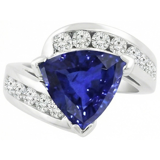 Fancy Women Ring Trillion Sapphire Round Channel Set Natural Earth Mined Diamonds 4 Carats