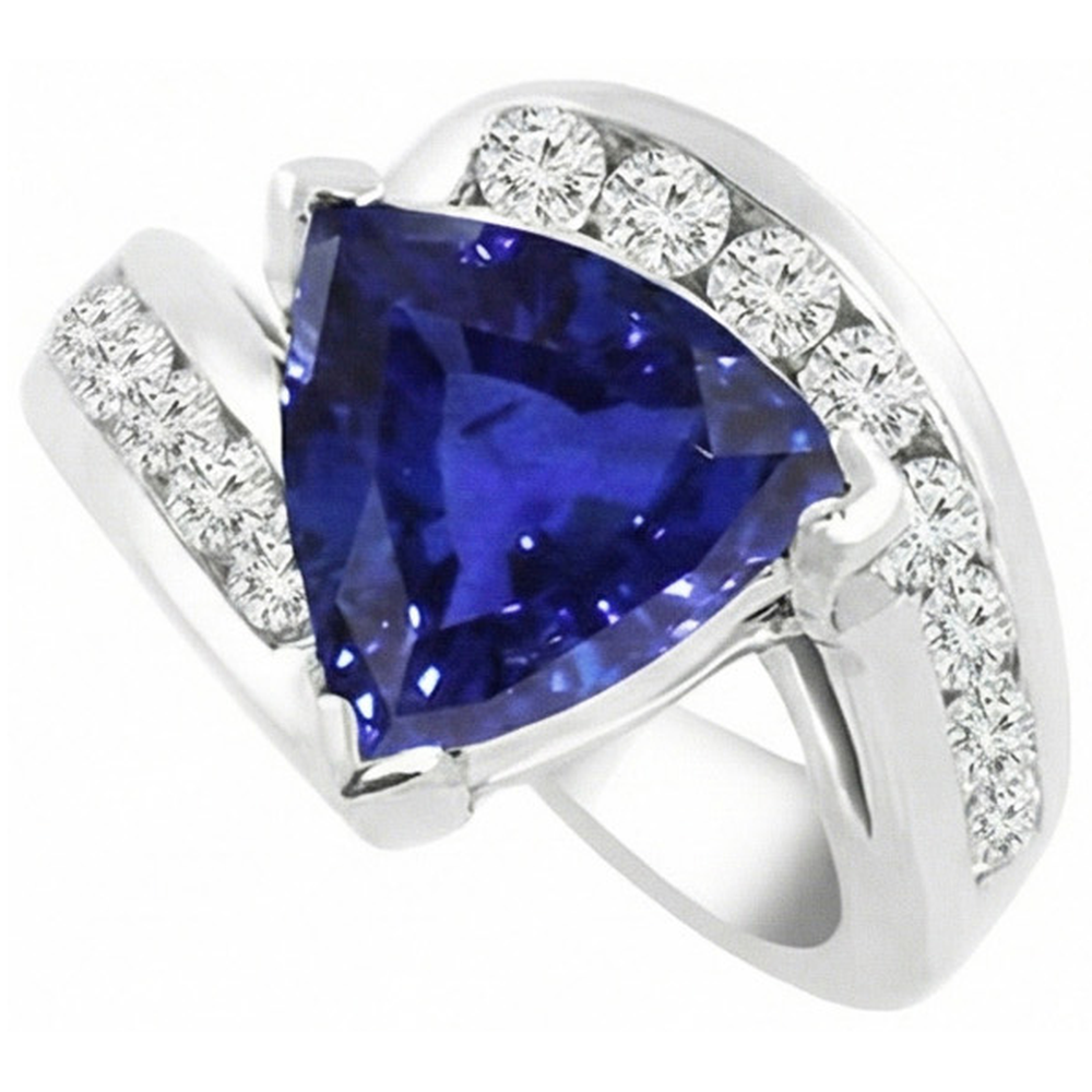 Fancy Women Ring Trillion Sapphire Round Channel Set Natural Earth Mined Diamonds 4 Carats