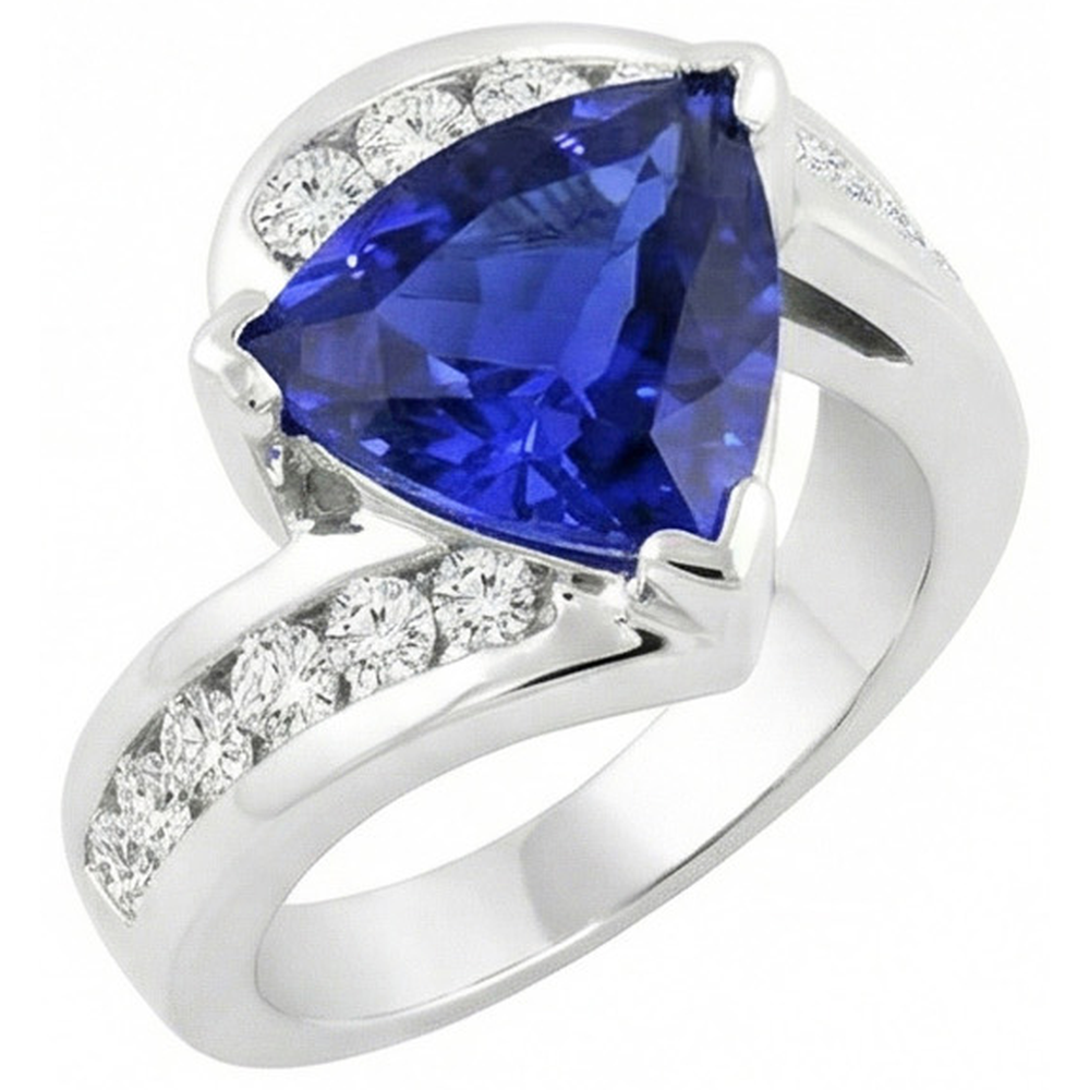Fancy Women Ring Trillion Sapphire Round Channel Set Natural Earth Mined Diamonds 4 Carats