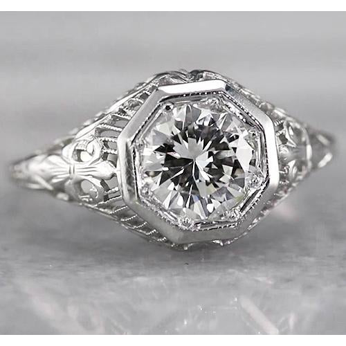 Filigree Round Real Diamond Ring 2 Carats White Gold 14K