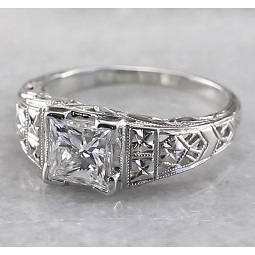 Filigree Style Genuine Princess Diamond Ring 1 Carat White Gold 14K