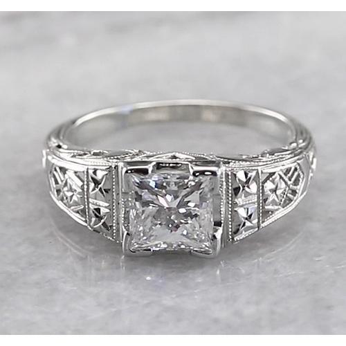 Filigree Style Genuine Princess Diamond Ring 1 Carat White Gold 14K