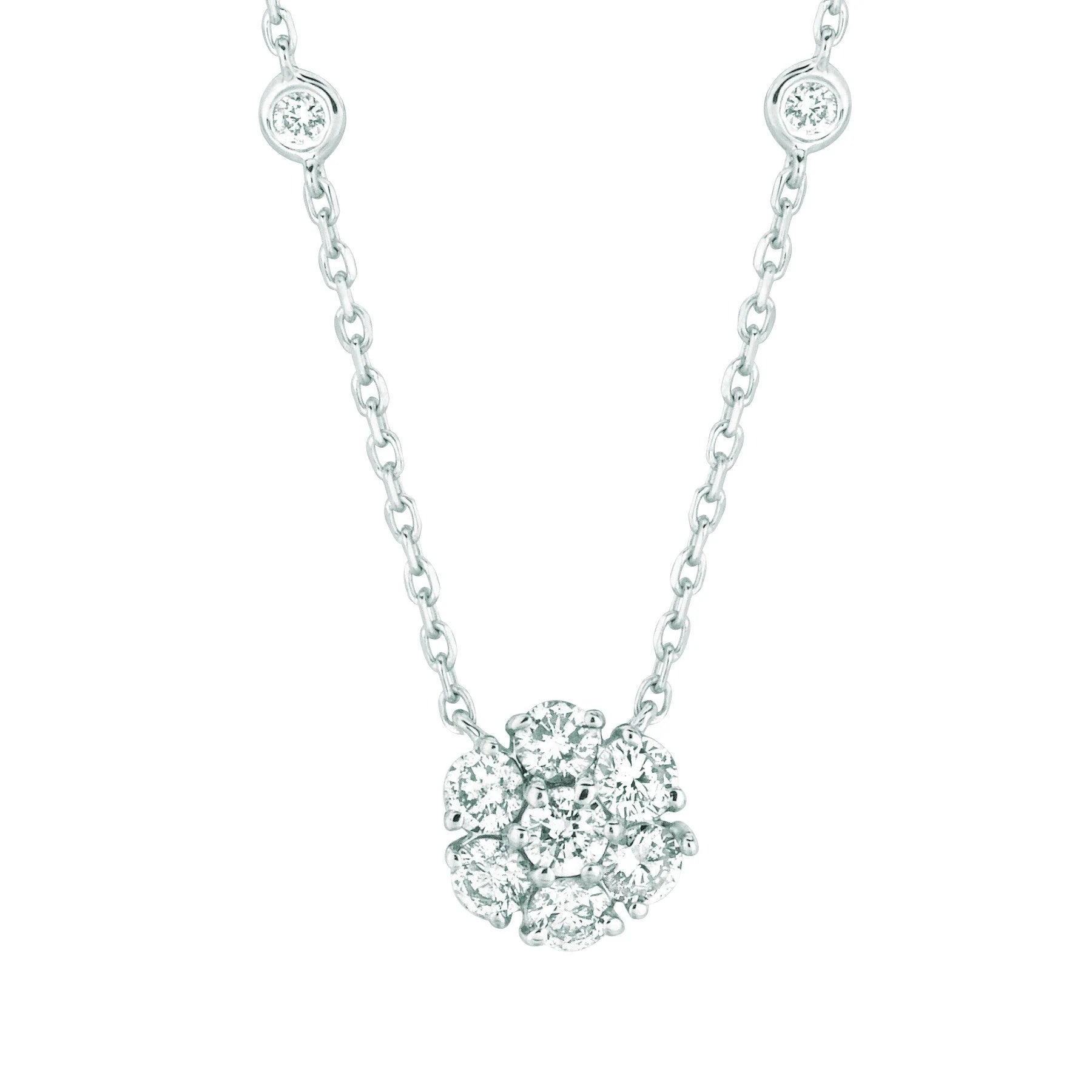 Flower Bezel Natural Diamond Cluster Necklace 2.50 Carats 14K White Gold