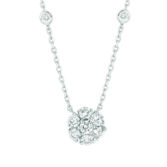 Flower Bezel Natural Diamond Cluster Necklace 2.50 Carats 14K White Gold