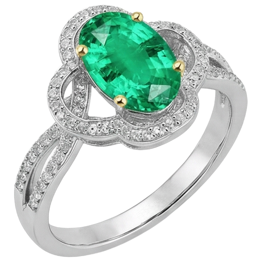 Emerald Oval Gemstone Ring in 14K Two Tone Gold – front view