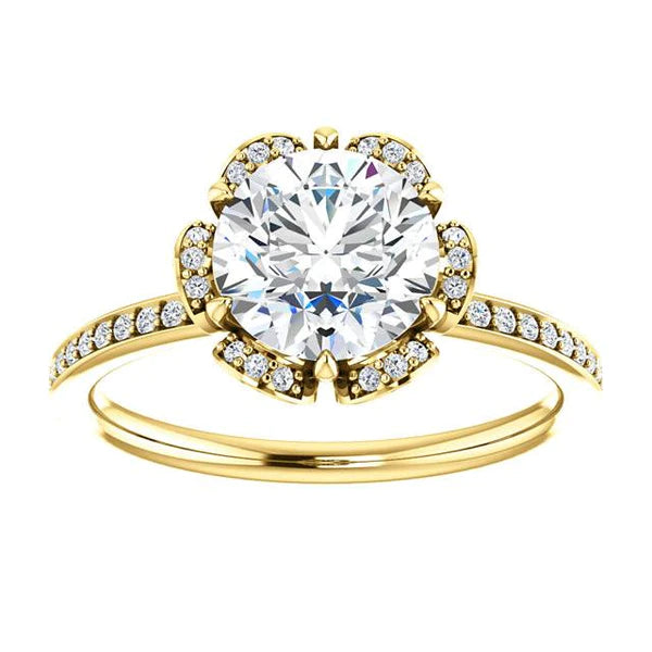 Flower Style 1.71 Carat Round Genuine Diamond Engagement Halo Ring YG 14K