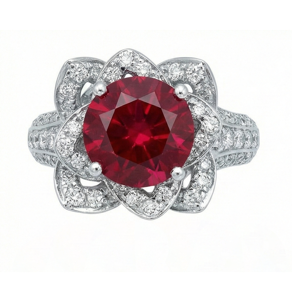 Flower Style 2.51 Ct Red Ruby & White Round Natural Earth Mined Diamonds Ring Gemstone