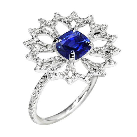 Flower Style Cushion And Round Diamond Blue Sapphire Ring 2.50 Ct.