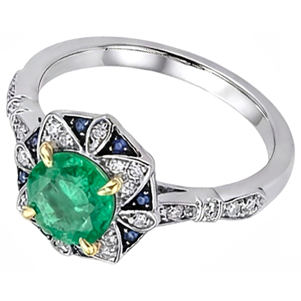 Emerald Round Brilliant Gemstone Ring in 14K – angle view