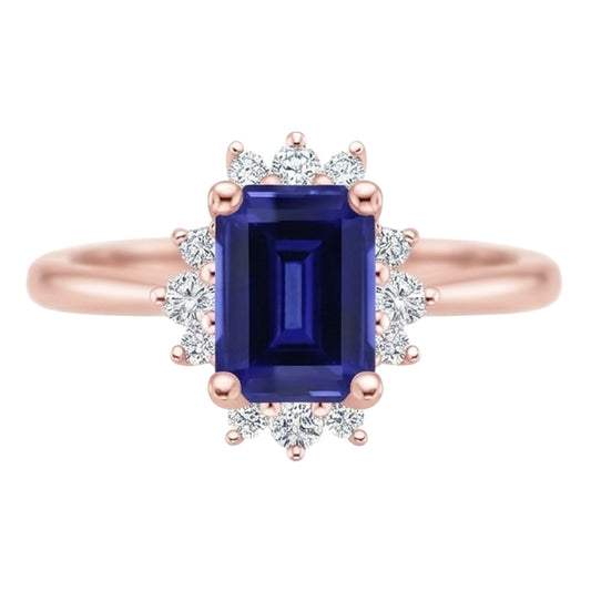 Flower Style Ring Ceylon Sapphire & Natural Earth Mined Diamond 4 Carats Emerald Cut