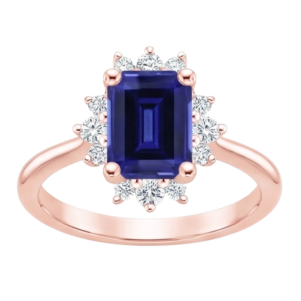 Flower Style Ring Ceylon Sapphire & Natural Earth Mined Diamond 4 Carats Emerald Cut