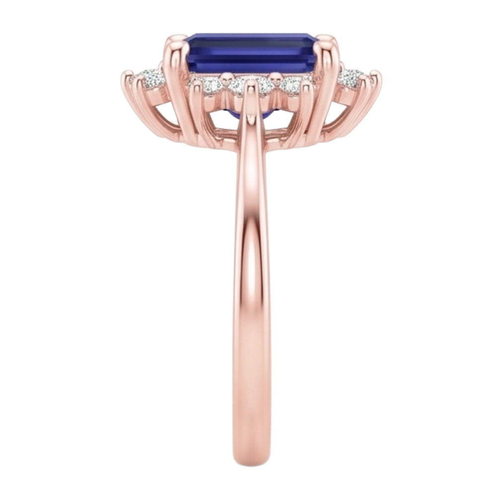Flower Style Ring Ceylon Sapphire & Natural Earth Mined Diamond 4 Carats Emerald Cut