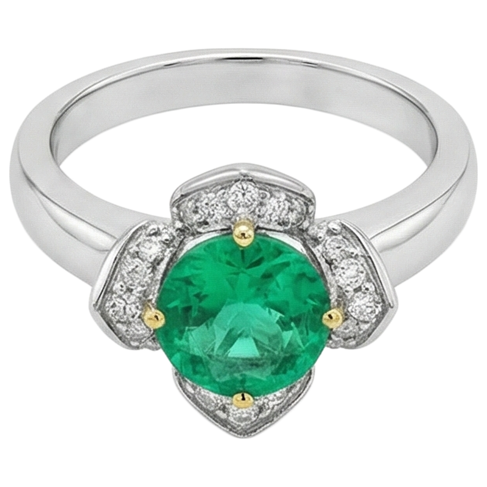 Round Cut Fine Emerald ring in 14 Karat Two Tone Gold – side view